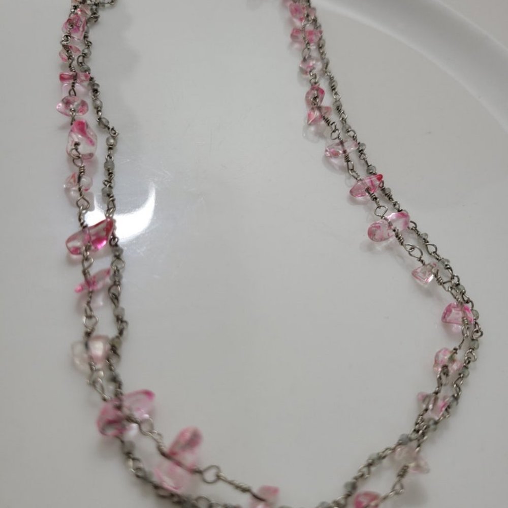 925 STERLING Two Strand Pink Quartz Gemstones 1980s 18" Necklace Station Rocks